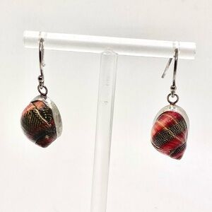 Vtg Sterling Silver Black Red White Nerite Neritina Snail Shell Earrings / 1.1”
